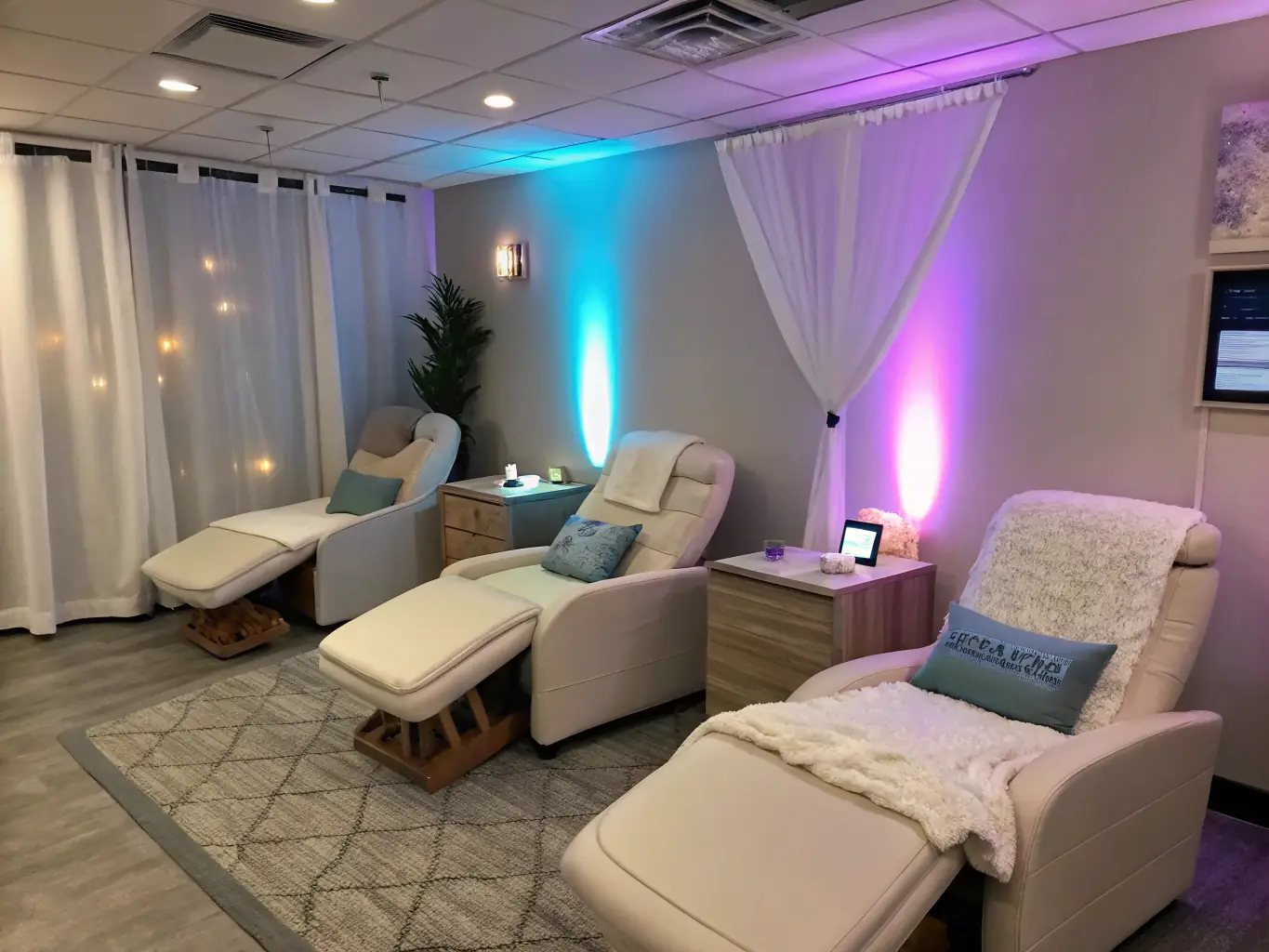 A spacious and comfortable interior of a Summit to Sea Clinical Chamber, showing a patient relaxing during a therapy session. The chamber is designed to minimize anxiety and maximize comfort.