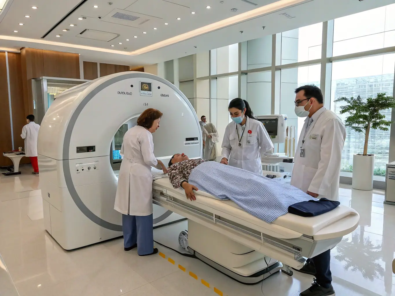 A modern, well-equipped clinic featuring a Summit to Sea Clinical Chamber in use, with medical staff attending to a patient inside. The chamber is brightly lit, showcasing its spacious interior and advanced monitoring systems.