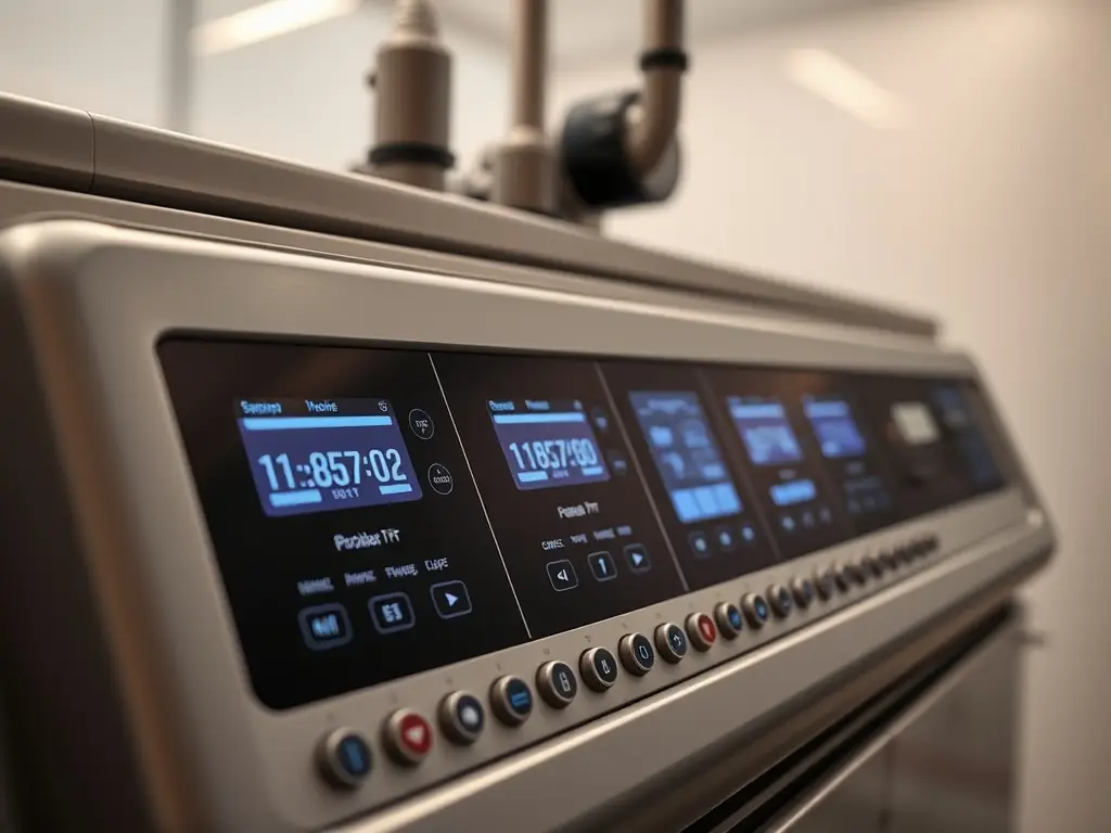 A close-up shot of the control panel of a Summit to Sea Clinical Chamber, highlighting its user-friendly interface and advanced monitoring capabilities. The panel displays real-time data and safety alerts.